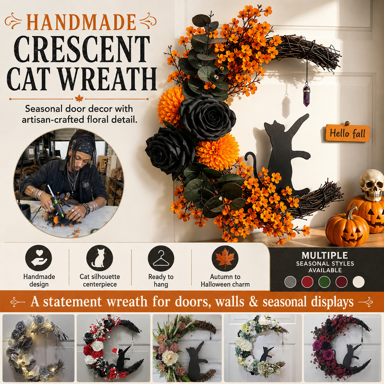 ✨Last Day 50% OFF - Handmade Halloween Cat Wreath🐈‍⬛🌙