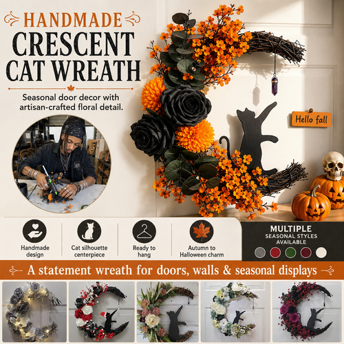✨Last Day 50% OFF - Handmade Halloween Cat Wreath🐈‍⬛🌙