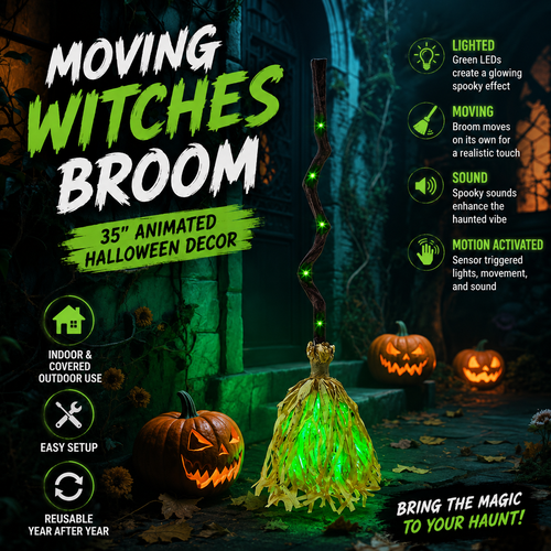 35" Animated Dancing Witch Broom – Motion Activated Halloween Decor