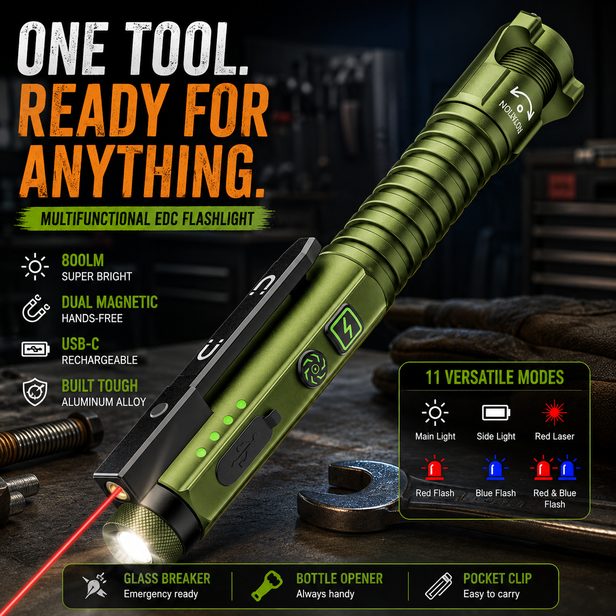 🚨11-in-1 Rechargeable EDC Flashlight – 800LM Magnetic Work Light with Laser