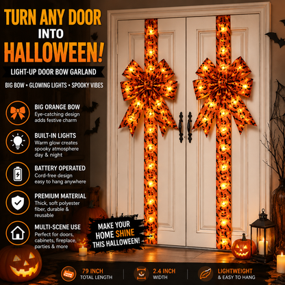 Light-Up Halloween Door Bow Garland – Pumpkin & Bat Decor