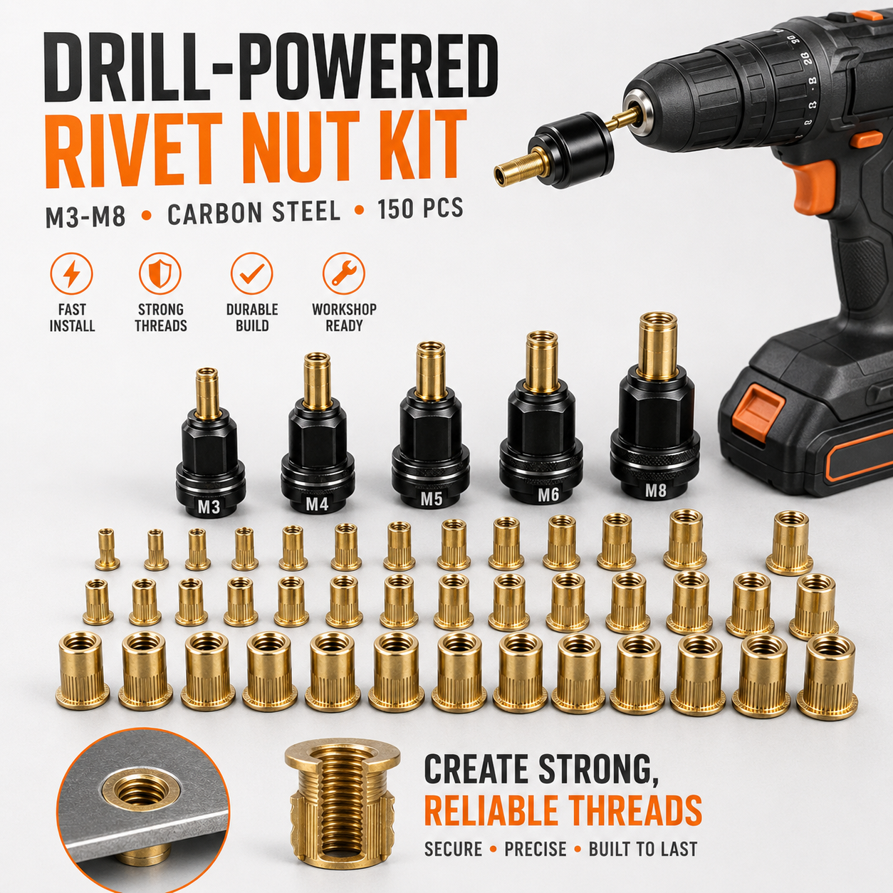 🔧Complete Drill-PoweredRivet Nut Kit - M3-M8 ThreadedInsert Tool Set