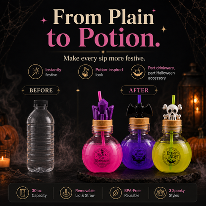 🎃 30 oz Halloween Potion Bottle with Straw – Crystal, Bat & Skull