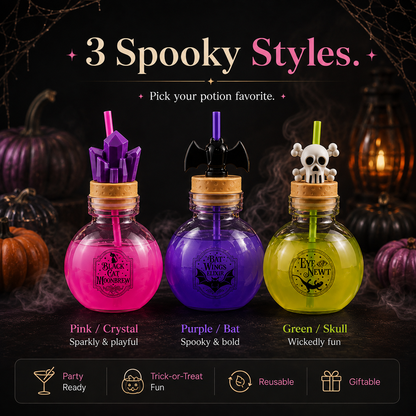 🎃 30 oz Halloween Potion Bottle with Straw – Crystal, Bat & Skull
