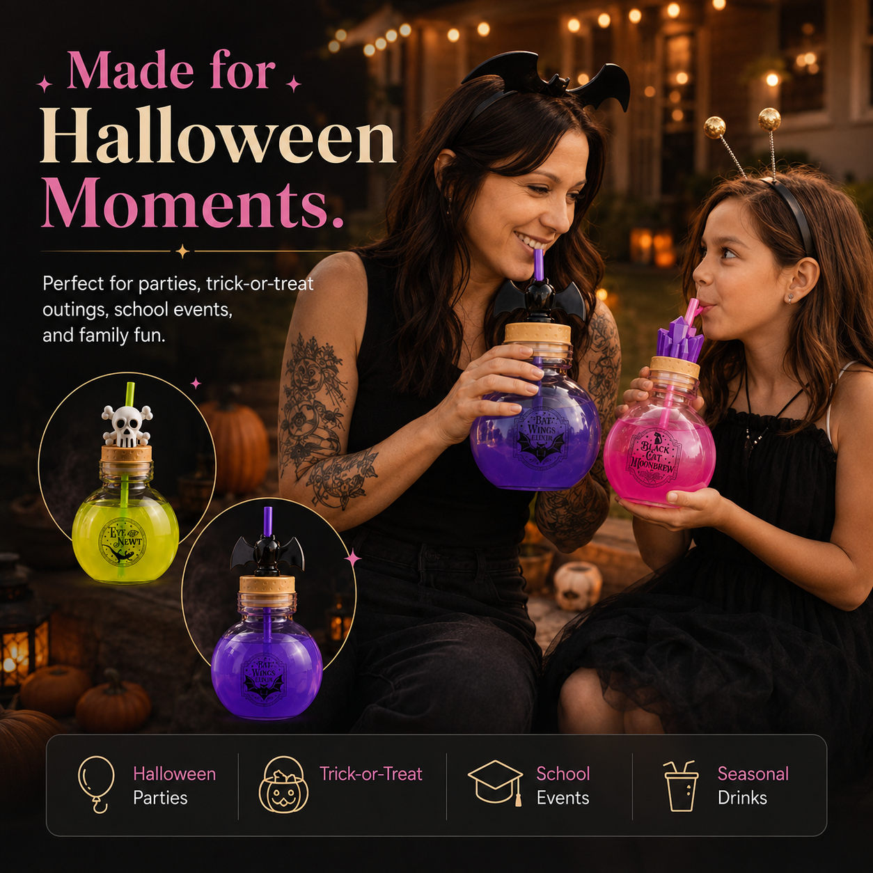 🎃 30 oz Halloween Potion Bottle with Straw – Crystal, Bat & Skull