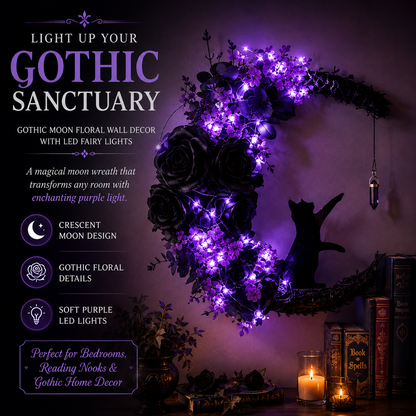 Cat Moon Wreath: Gothic Purple Halloween Decor with Amethyst Crystal