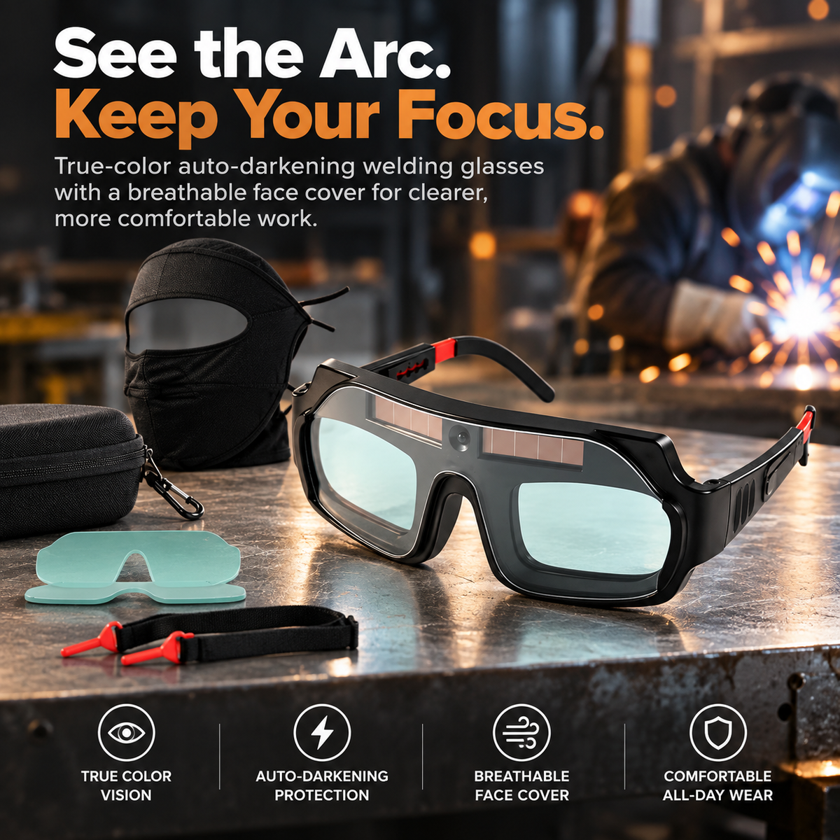True Color Welding Glasses Solar Powered Auto Darkening Welding Goggles with breathable face mask for TIG MIG MMA Plasma