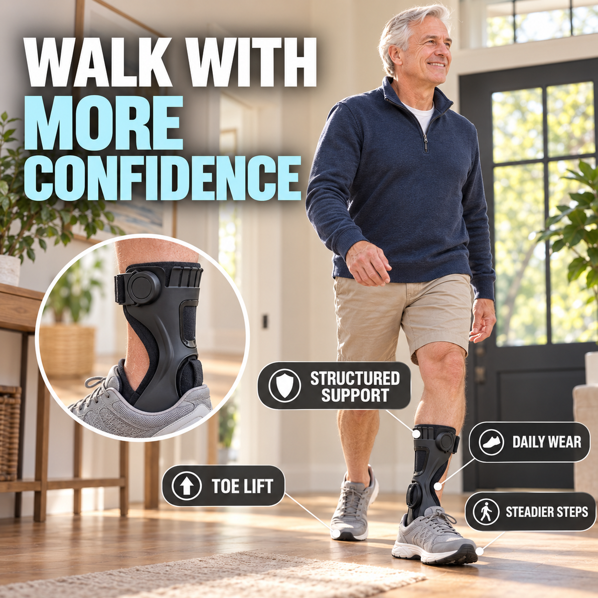 Structured AFO-style ankle foot support brace worn during everyday walking