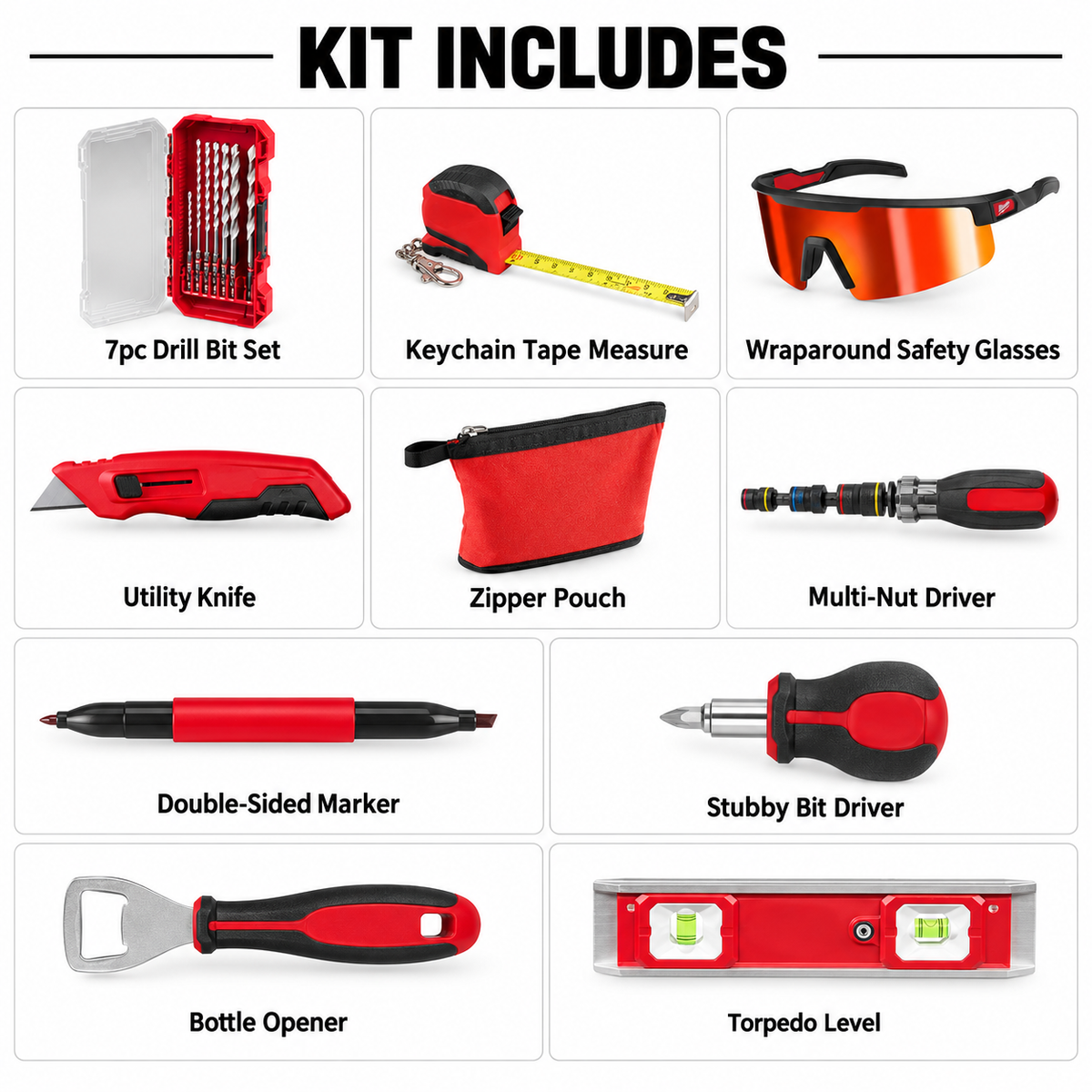 Tool kit contents including measuring cutting driving and leveling accessories