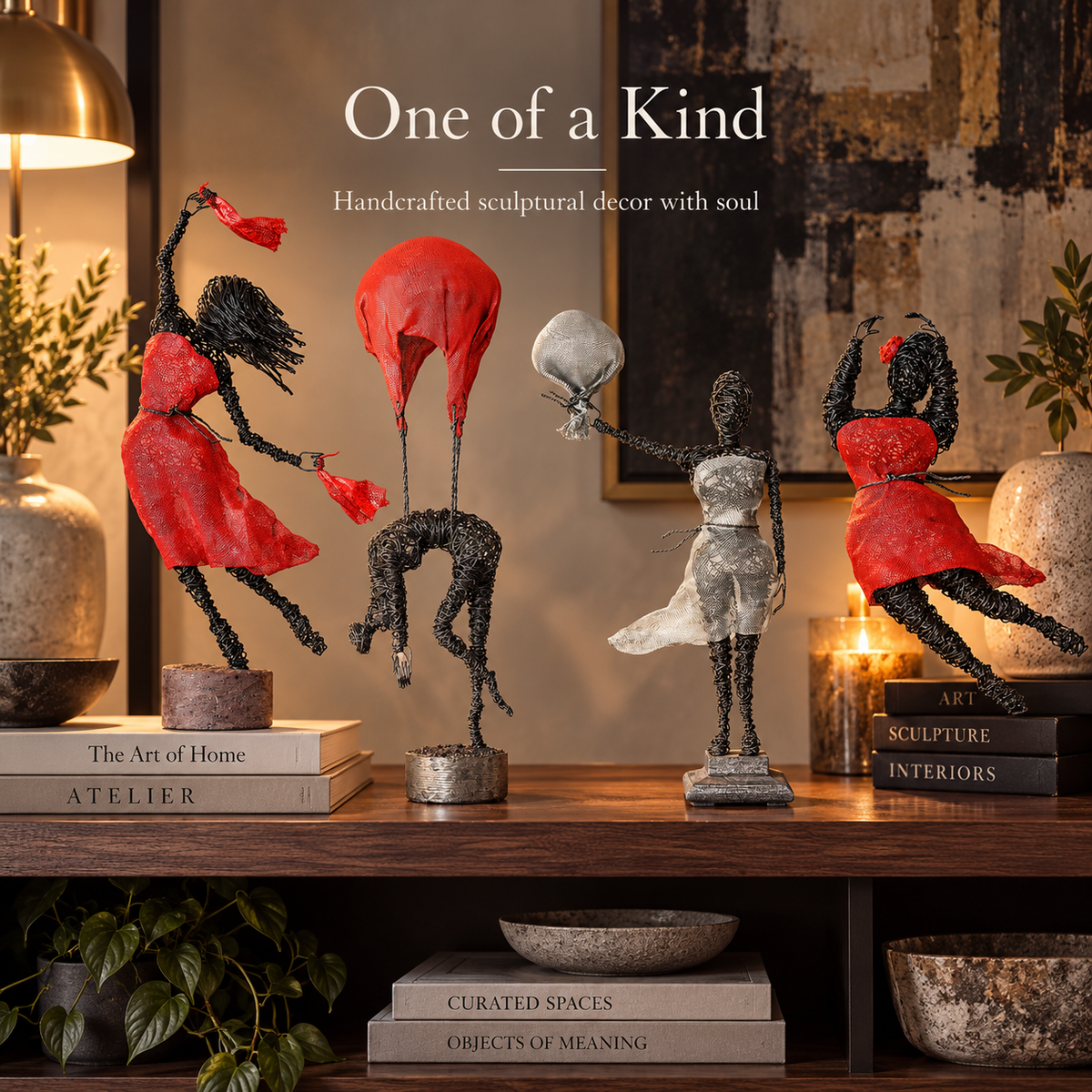 Collection of expressive artistic figurine sculptures styled in a premium interior