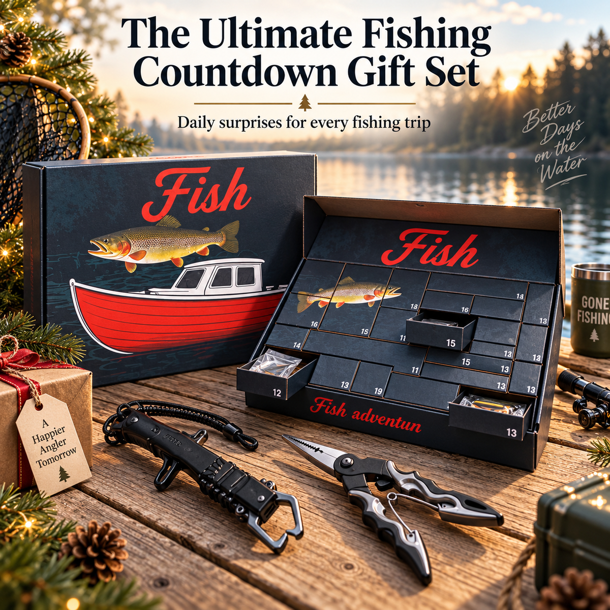 Fishing countdown gift set with tackle tools beside a lake