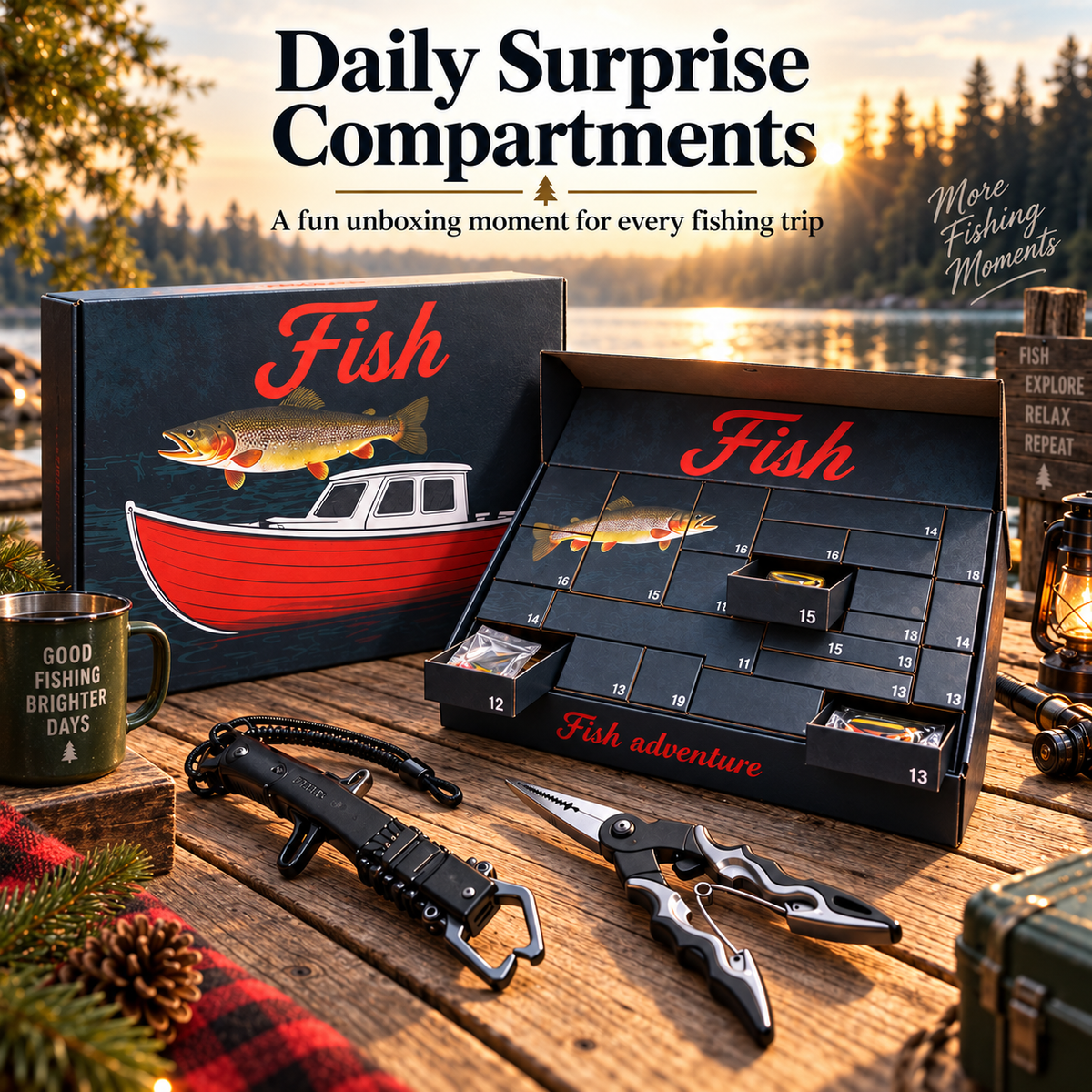 Numbered daily surprise compartments in fishing countdown box