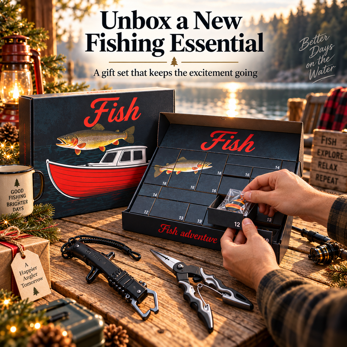 Hands opening a fishing tackle surprise from numbered countdown box