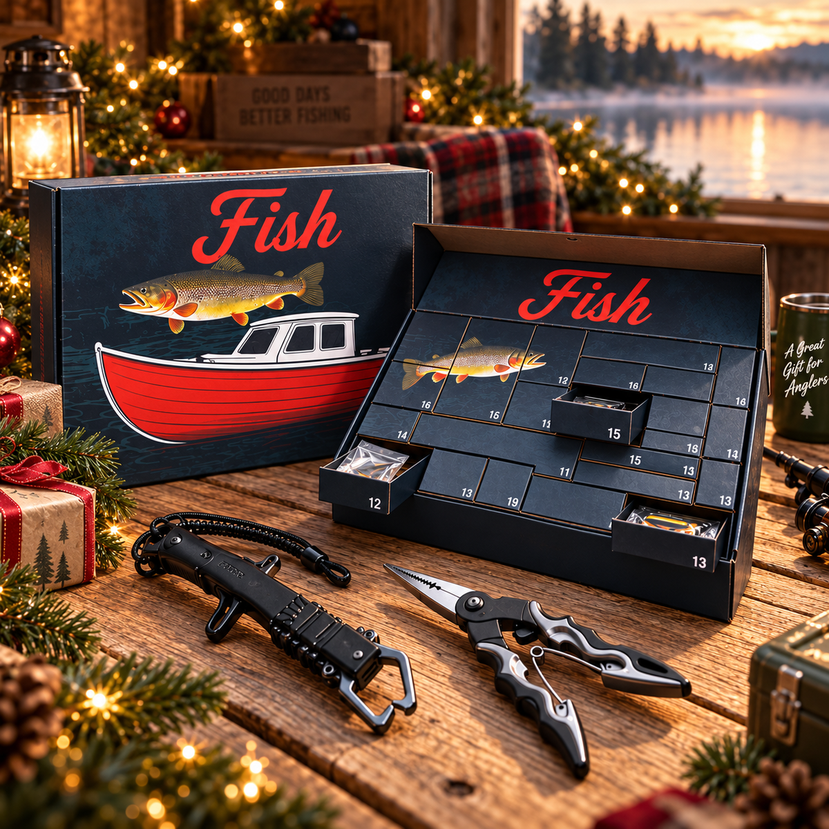 Fishing countdown box displayed as an angler Christmas gift