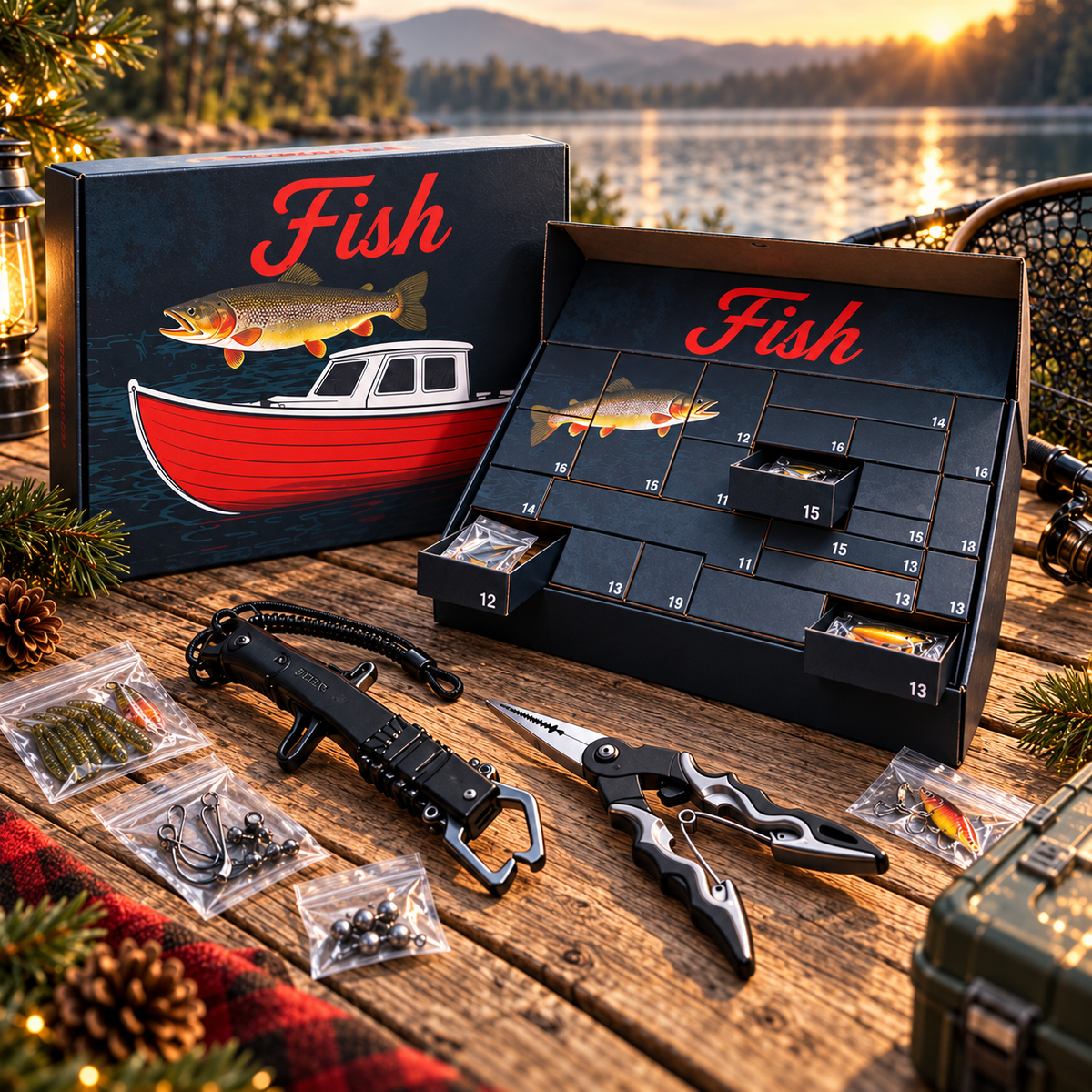 Fishing countdown gift set with gripper pliers lures hooks and tackle