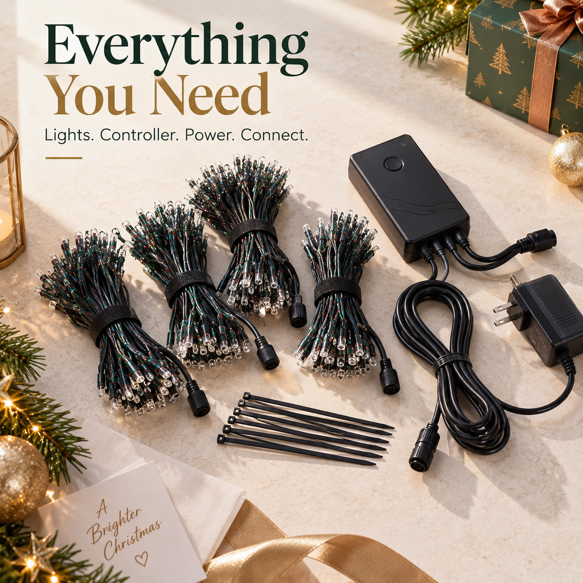 Smart Christmas tree light strands controller power adapter cable and ties