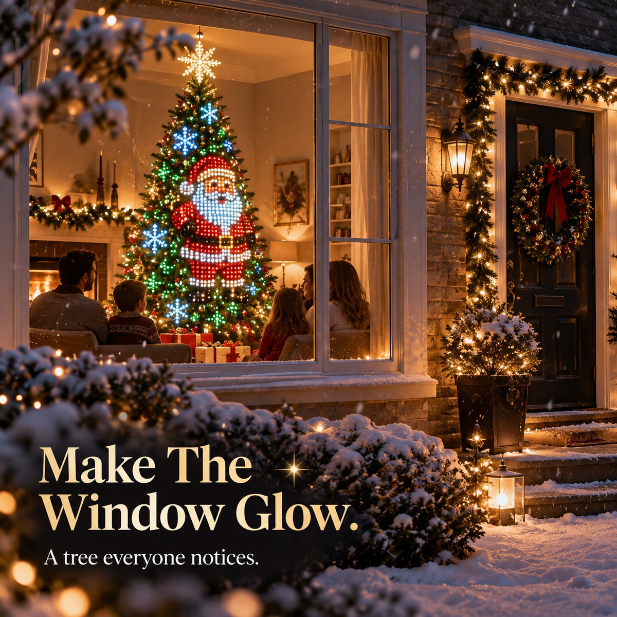 Smart animated Santa Christmas tree visible through a glowing front window