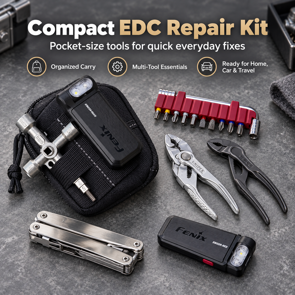 🛠️Compact EDC Repair Tool Kit – Mini Ratchet, Driver Bits, Pliers & Multi-Tool in Portable Zip Pouch
