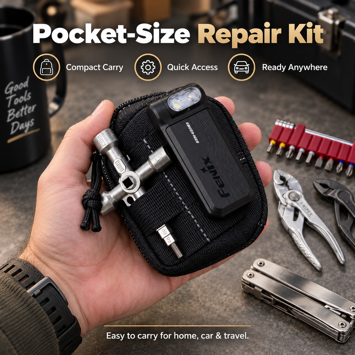 🛠️Compact EDC Repair Tool Kit – Mini Ratchet, Driver Bits, Pliers & Multi-Tool in Portable Zip Pouch