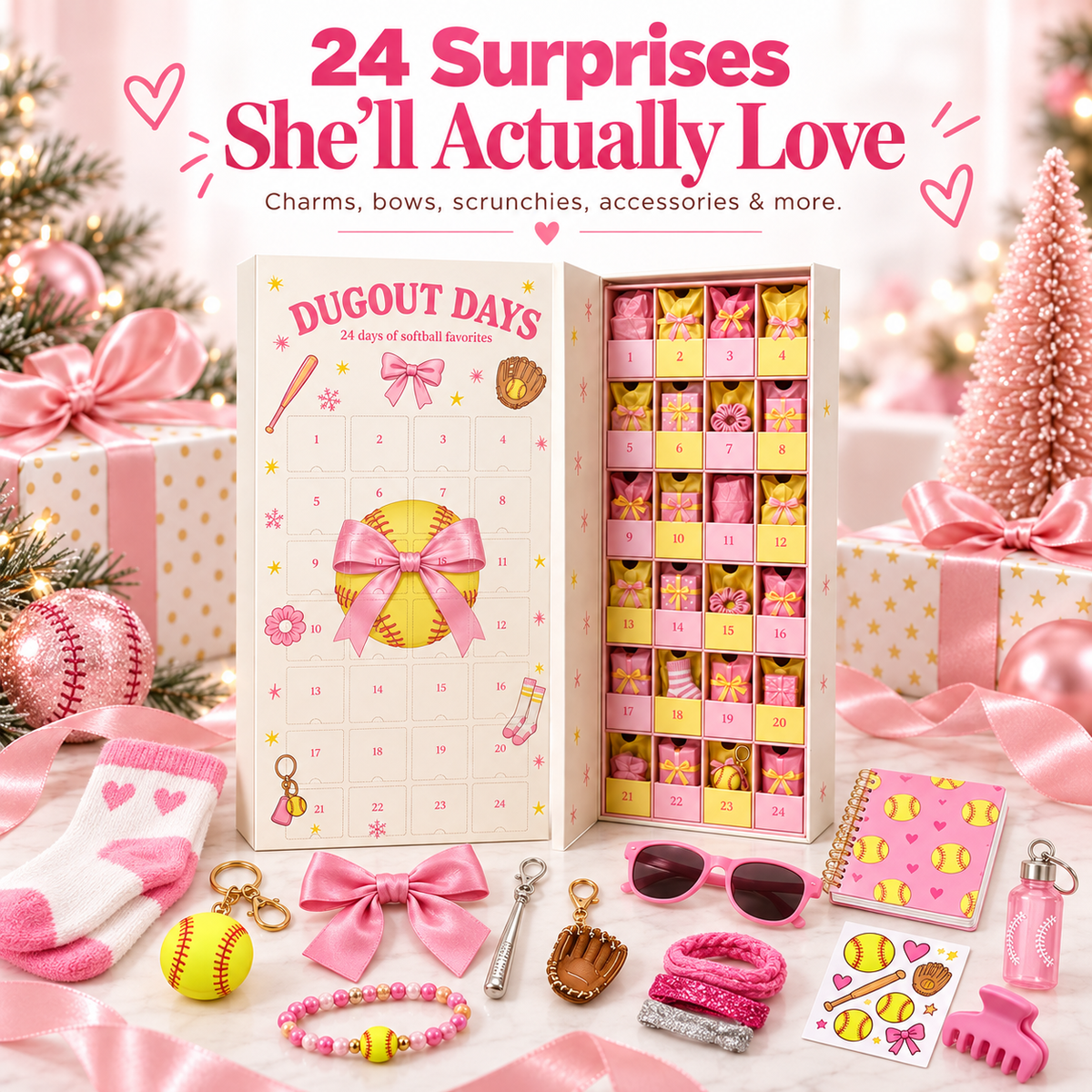 Softball advent calendar with charms bows scrunchies and accessories