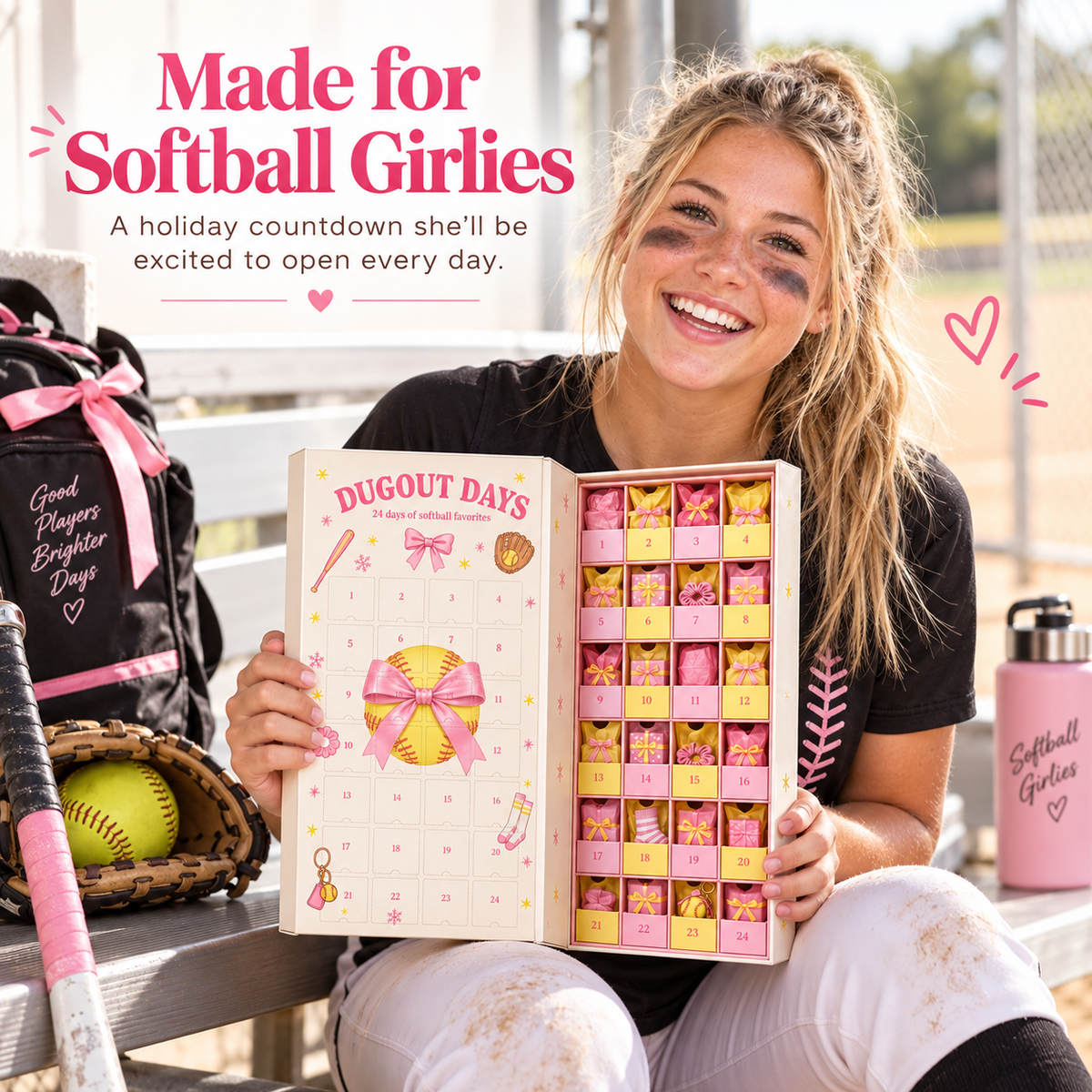 Softball girl holding Dugout Days advent calendar