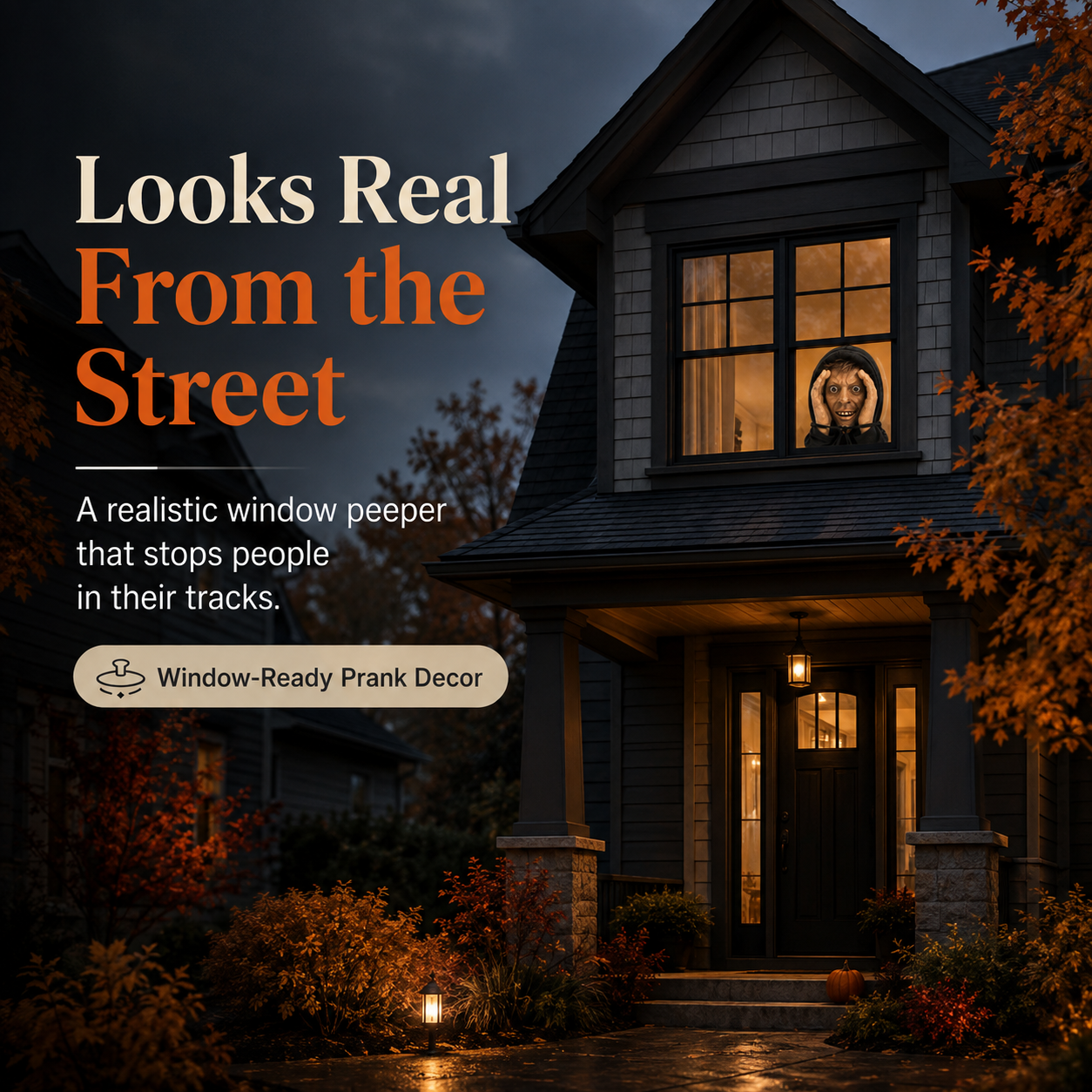 Realistic creepy face decoration staring from a house window at night