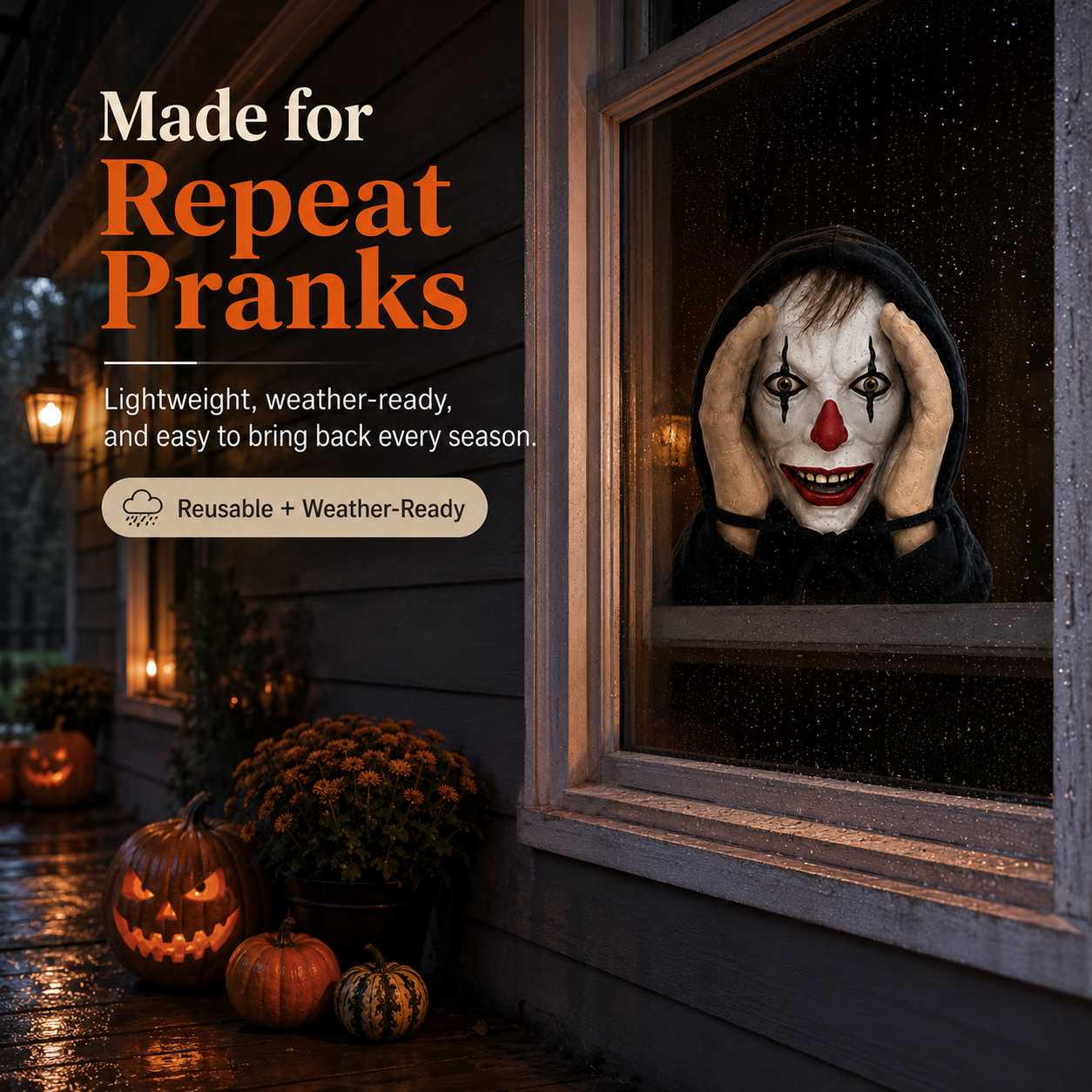 Creepy clown face in Halloween window with pumpkins at night