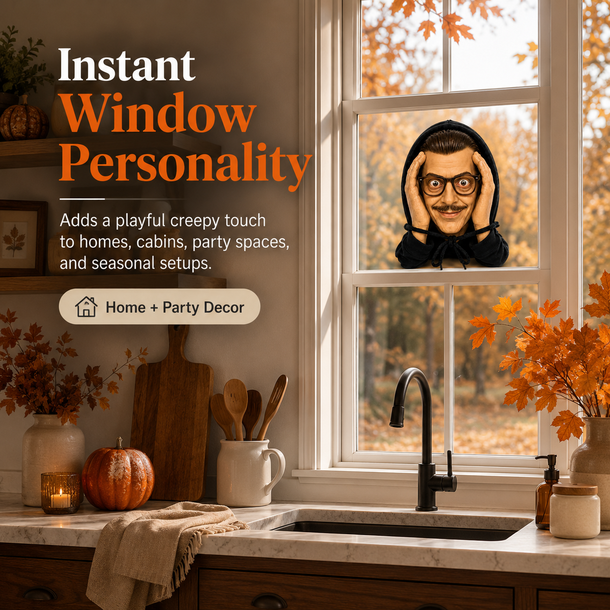 Creepy human face prank decoration mounted on kitchen window