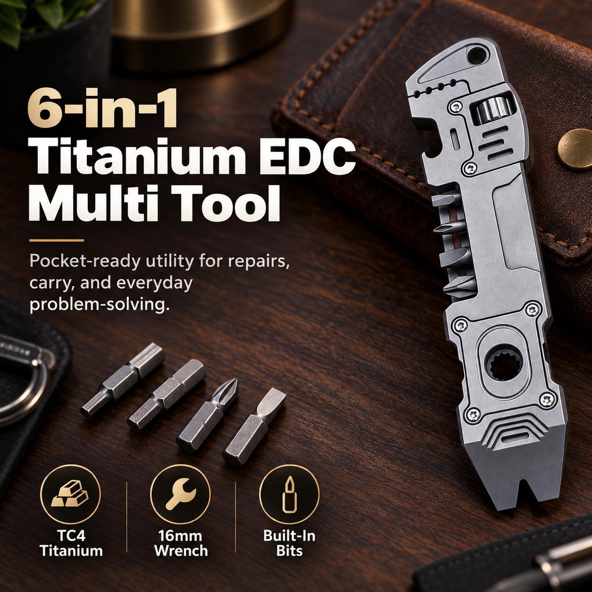 6-in-1 Titanium EDC Multi Tool – Adjustable Wrench, Pry Bar & Bit Driver