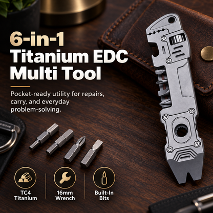 6-in-1 Titanium EDC Multi Tool – Adjustable Wrench, Pry Bar & Bit Driver