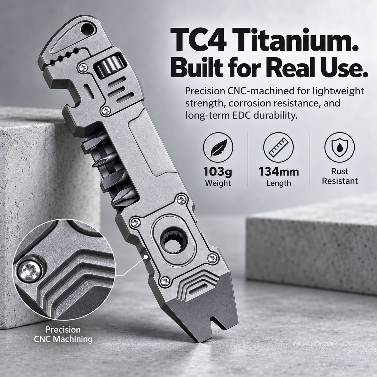 6-in-1 Titanium EDC Multi Tool – Adjustable Wrench, Pry Bar & Bit Driver