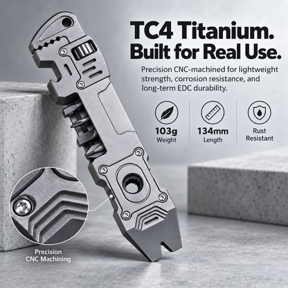 6-in-1 Titanium EDC Multi Tool – Adjustable Wrench, Pry Bar & Bit Driver