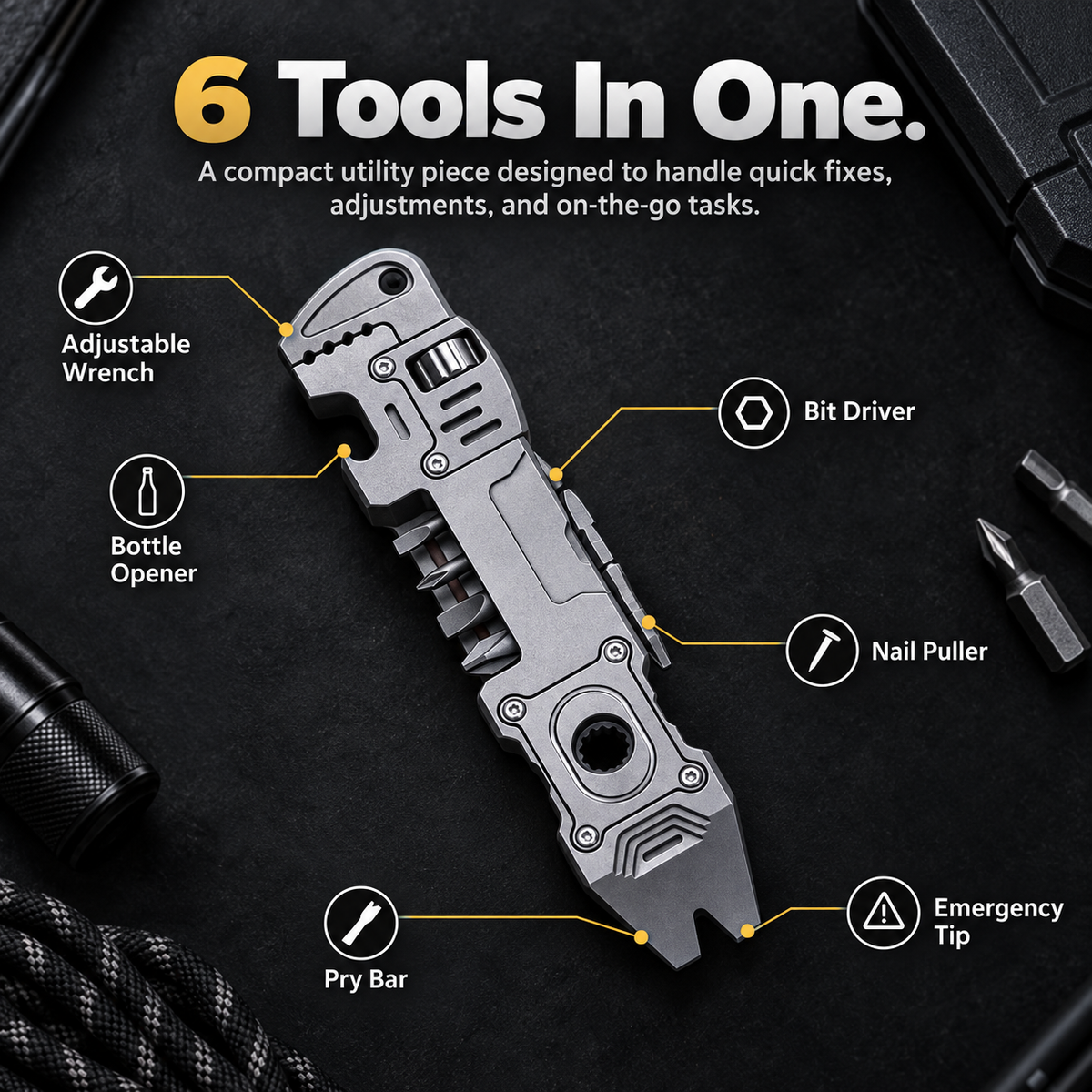 6-in-1 Titanium EDC Multi Tool – Adjustable Wrench, Pry Bar & Bit Driver