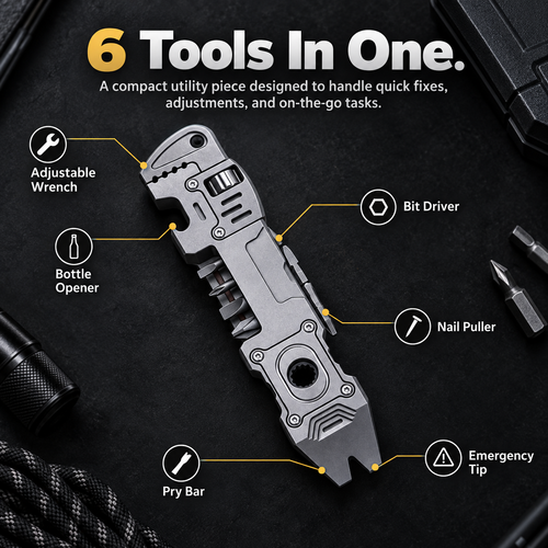 6-in-1 Titanium EDC Multi Tool – Adjustable Wrench, Pry Bar & Bit Driver