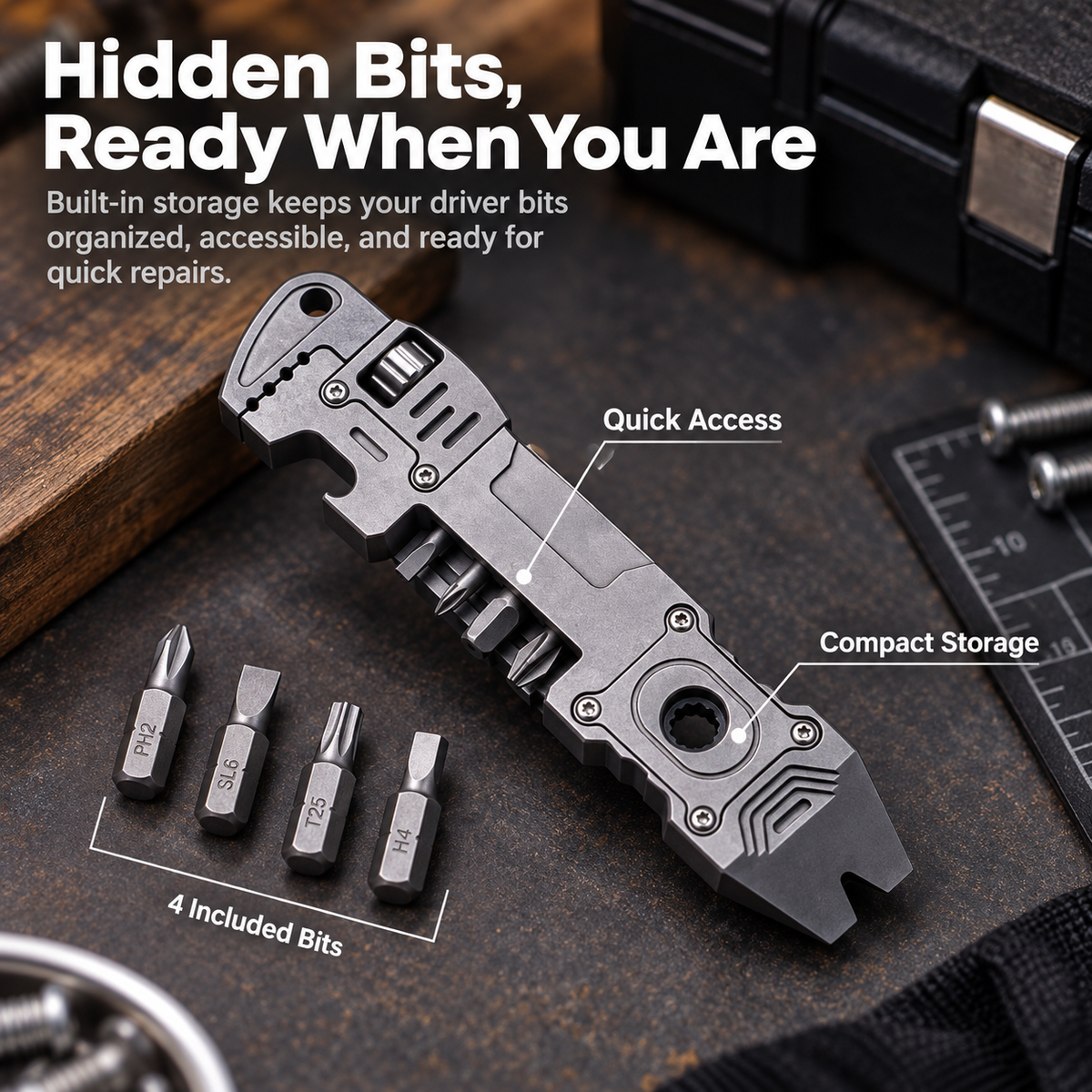 6-in-1 Titanium EDC Multi Tool – Adjustable Wrench, Pry Bar & Bit Driver