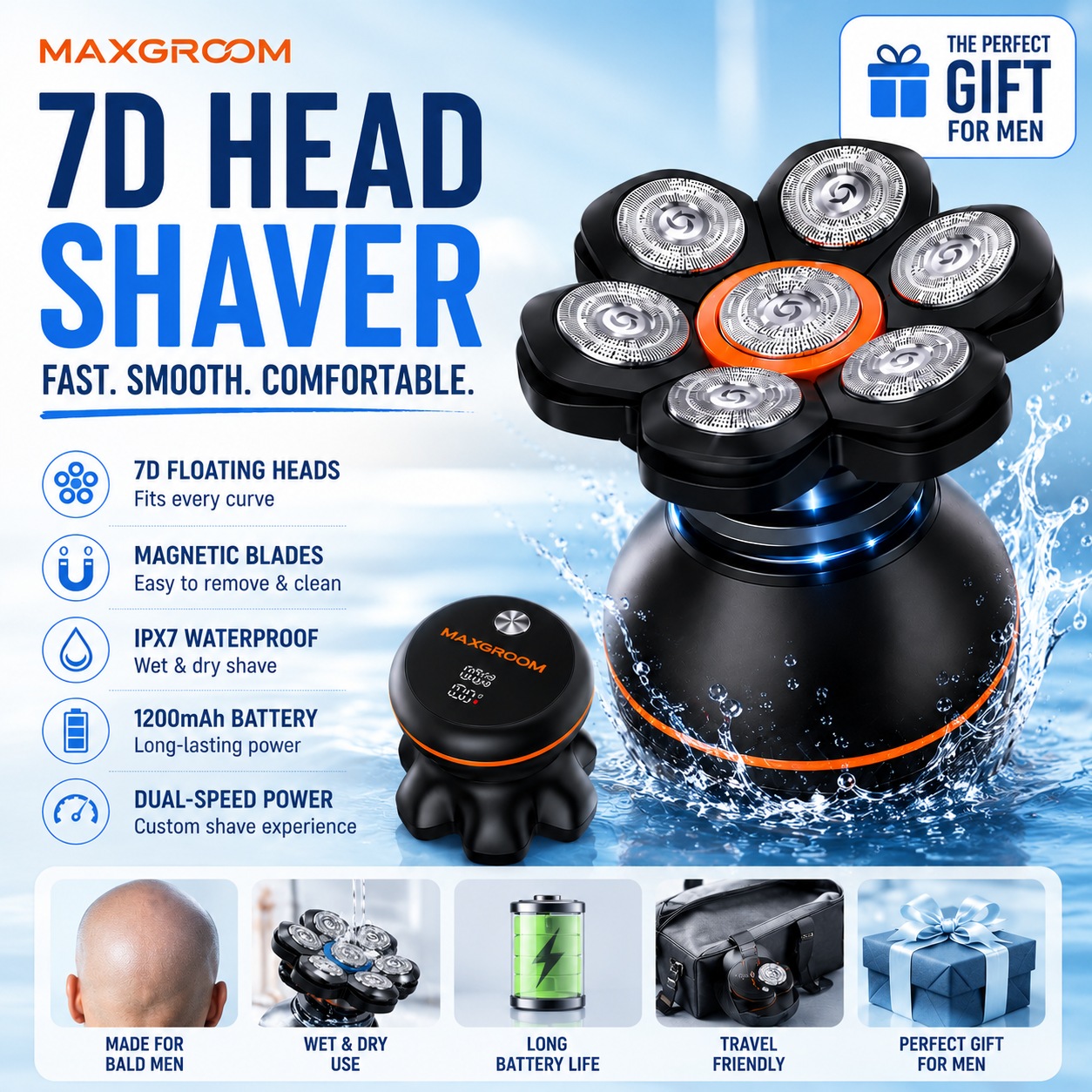 MAXGROOM 7D Head Shaver for Bald Men – Waterproof Wet & Dry Electric Razor