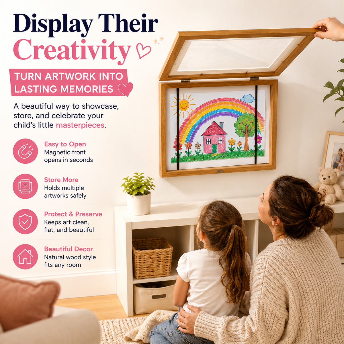 Kids artwork storage frame open on a wall with a rainbow drawing displayed inside
