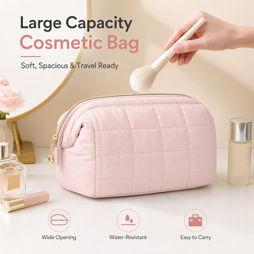 Large Capacity Quilted Travel Makeup Bag – Portable Cosmetic & Toiletry Organizer for Women