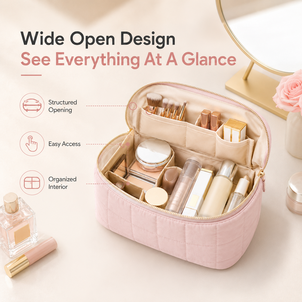 Large Capacity Quilted Travel Makeup Bag – Portable Cosmetic & Toiletry Organizer for Women