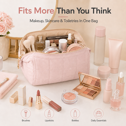 Large Capacity Quilted Travel Makeup Bag – Portable Cosmetic & Toiletry Organizer for Women