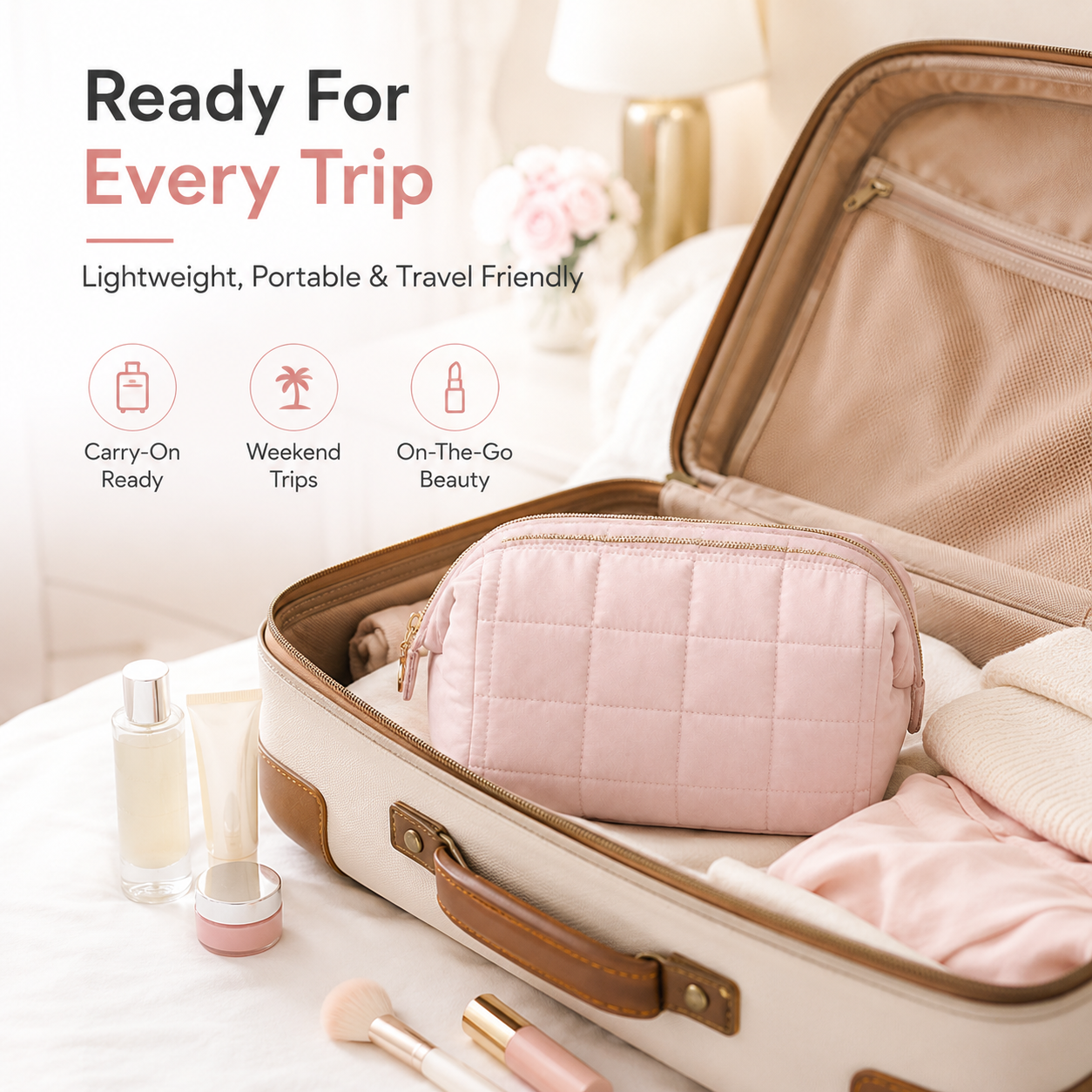 Large Capacity Quilted Travel Makeup Bag – Portable Cosmetic & Toiletry Organizer for Women