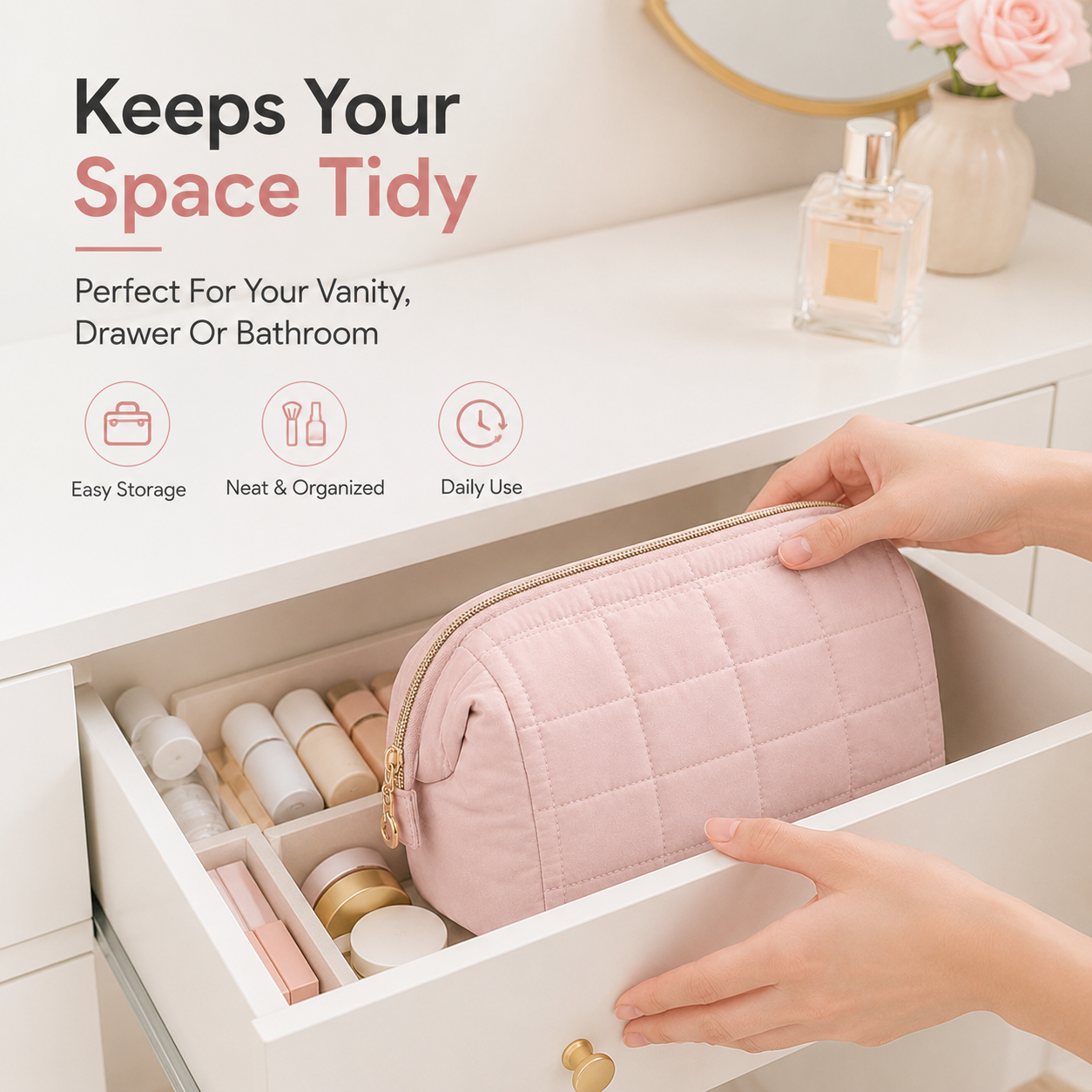 Large Capacity Quilted Travel Makeup Bag – Portable Cosmetic & Toiletry Organizer for Women