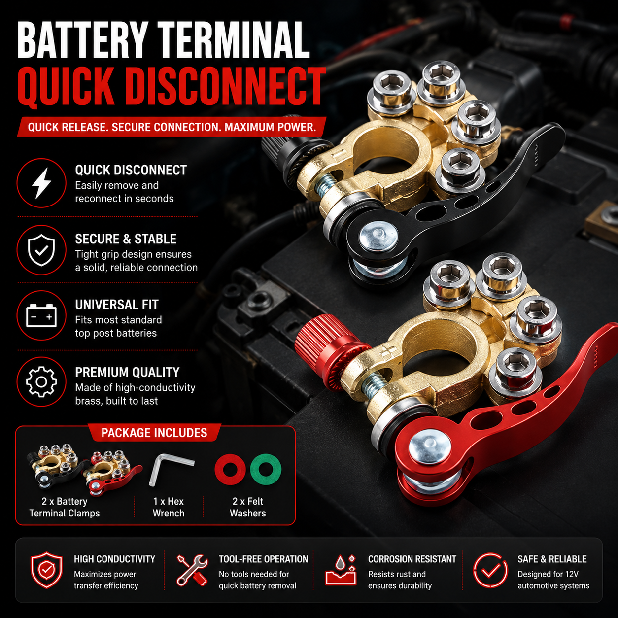 🚗2PCS 4-Way Quick Release Battery Terminal Connectors
