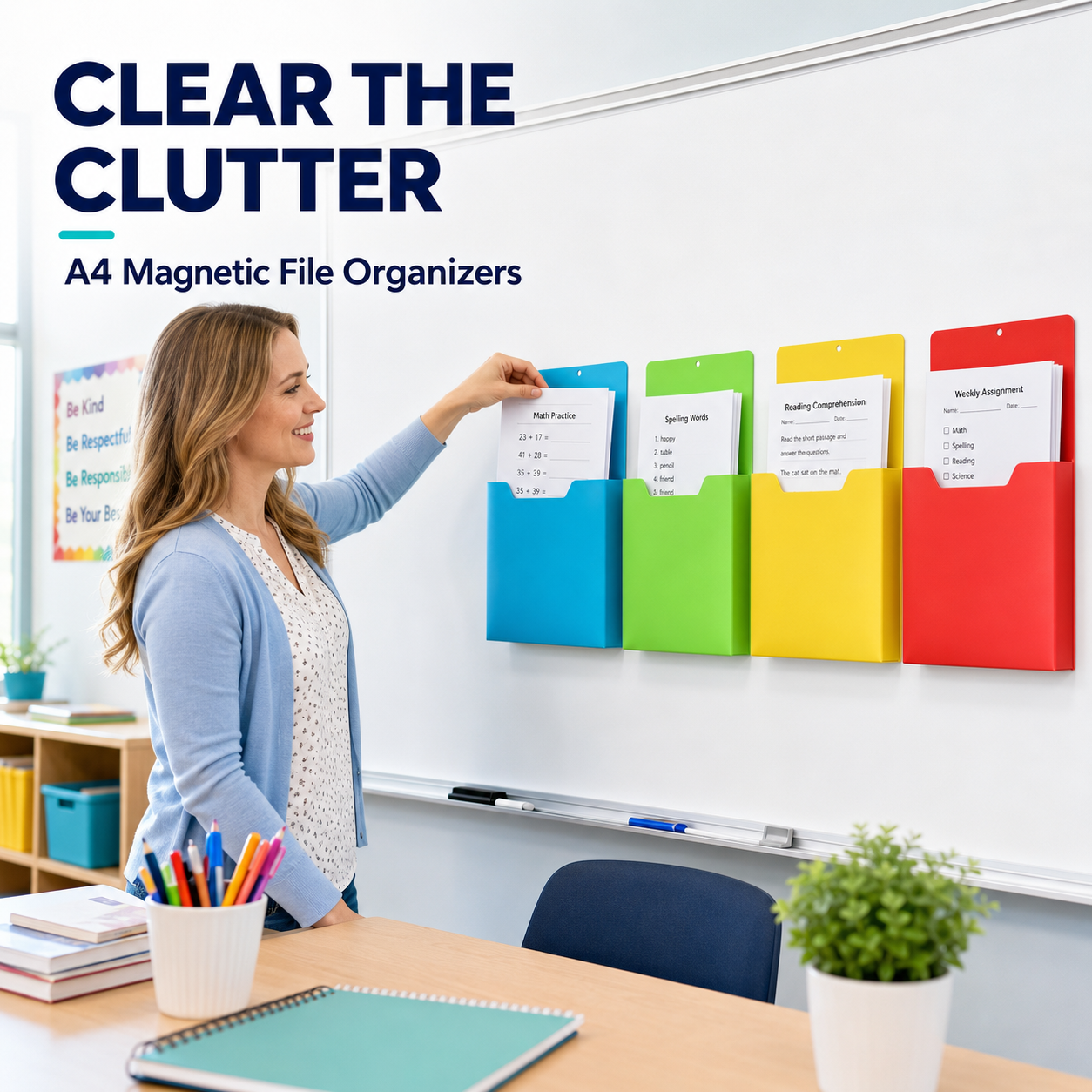 🗂️Magnetic File Organizer🧲 Wall-Mount Folder Holder for Classroom, Office, Whiteboard & Refrigerator