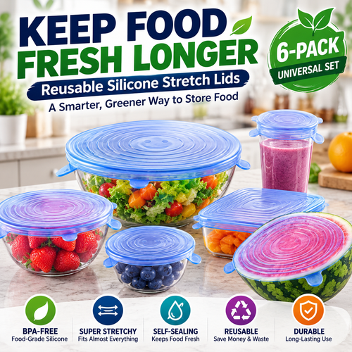 Universal Reusable Silicone Lids – 6-Pack Self-Sealing Food Covers for Various Container Sizes