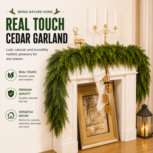 6 FT 2 Pcs Artificial Cedar Garlands, Real Touch Winter Cedar Garland, Green Artificial Greenery Pine Garland for Table, Mantle, Wall, Indoor, Outdoor Christmas Decorations