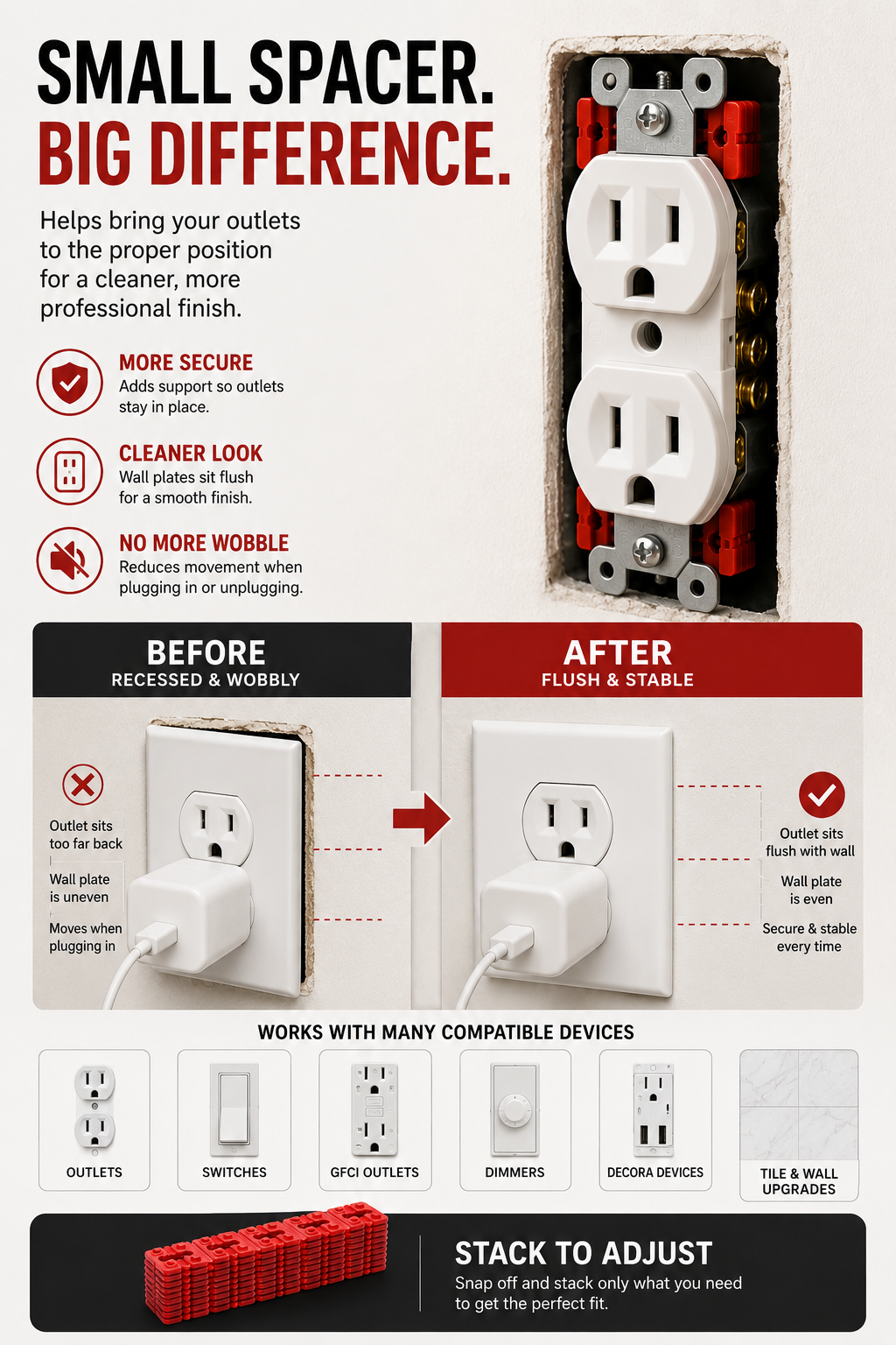 🔥Snap-Apart Outlet Spacers – Fix Loose & Recessed Wall Outlets