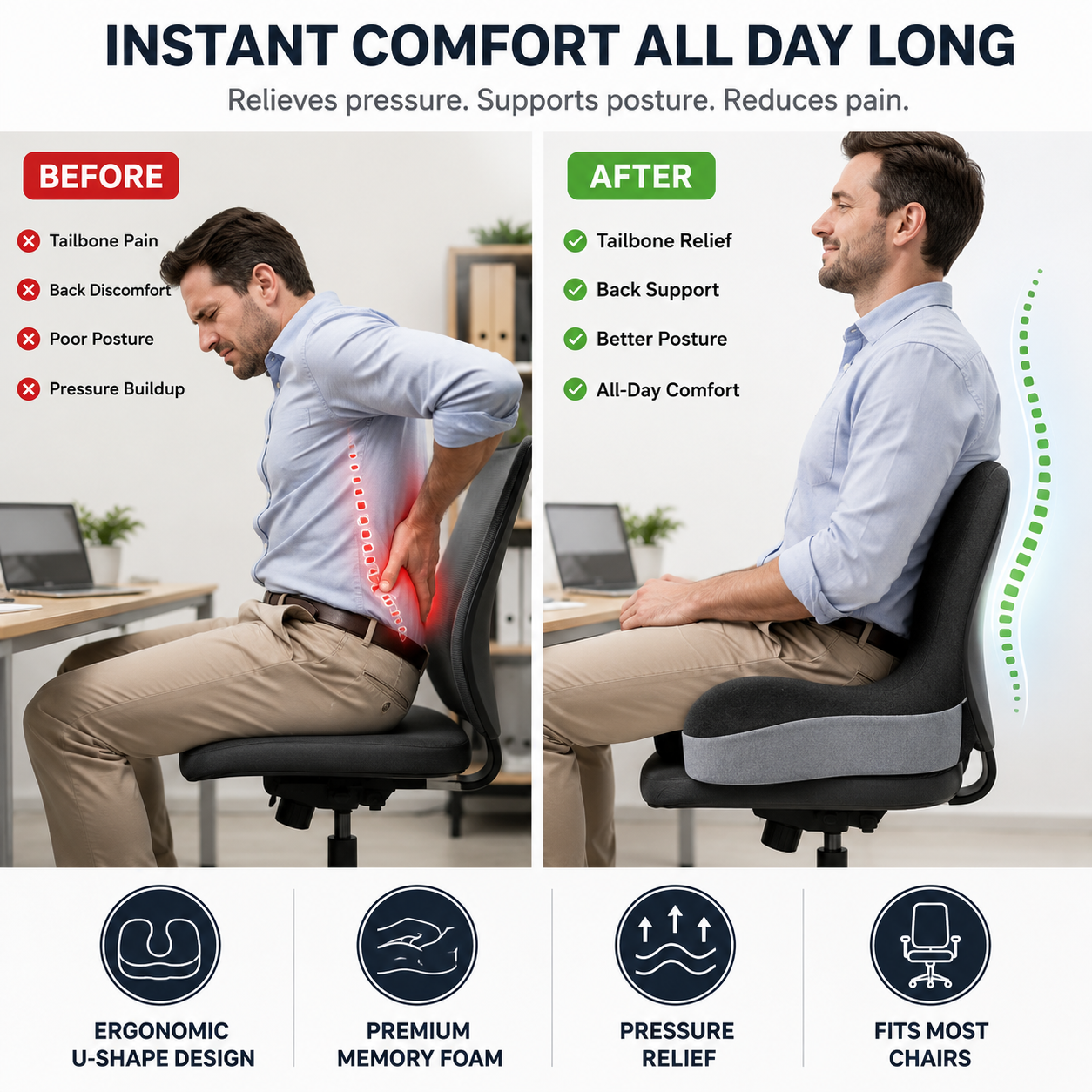 ✨50% off on the last day| Sitting All Day? This Cushion Helps Relieve Back & Tailbone Pressure Instantly