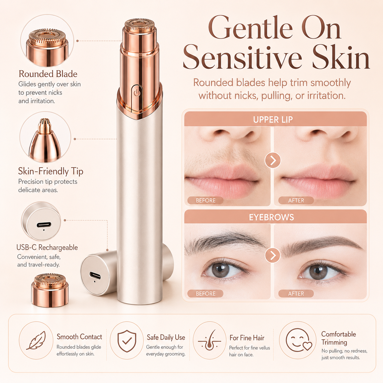 2-in-1 Facial & Eyebrow Hair Trimmer with LED Light | Painless Peach Fuzz Remover