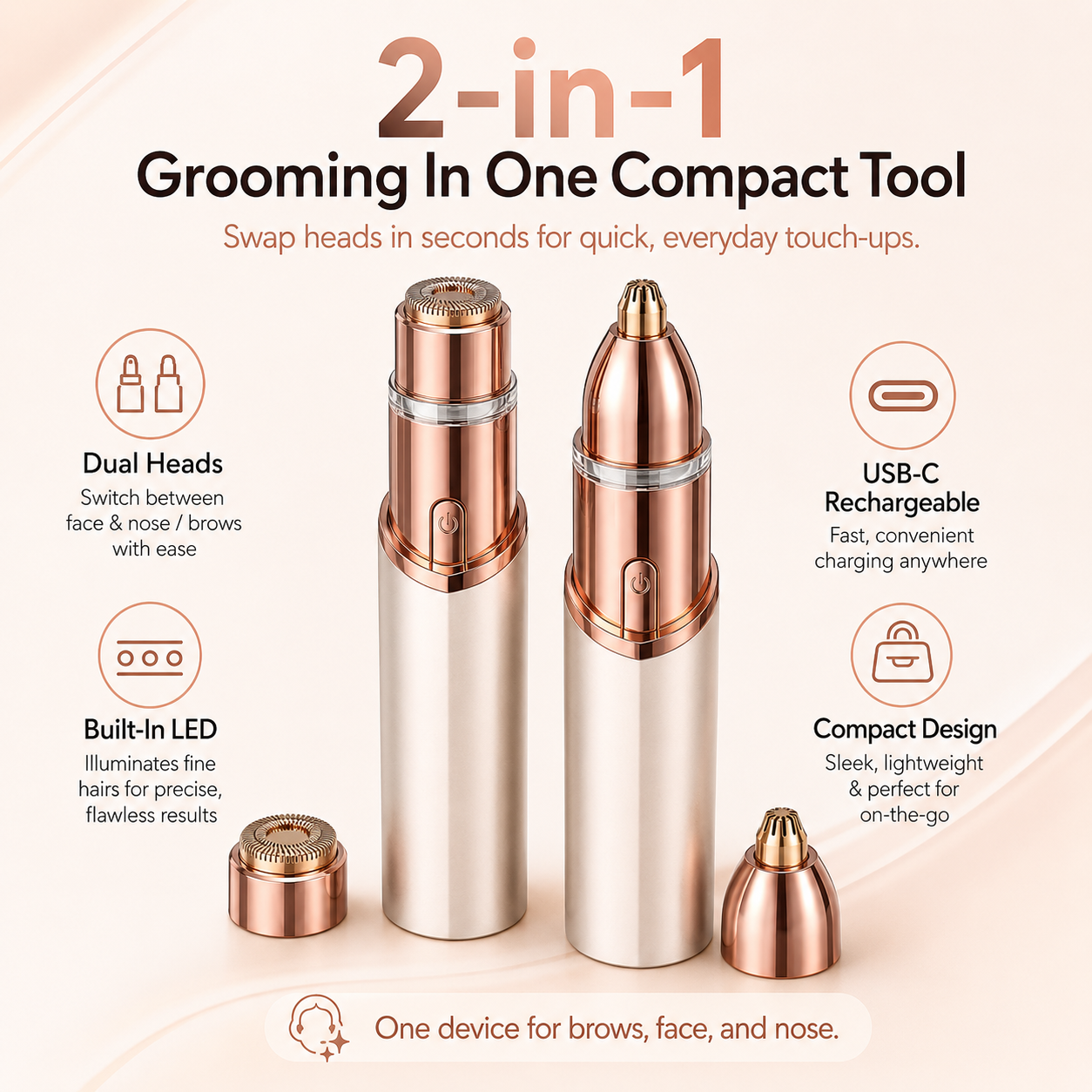 2-in-1 Facial & Eyebrow Hair Trimmer with LED Light | Painless Peach Fuzz Remover